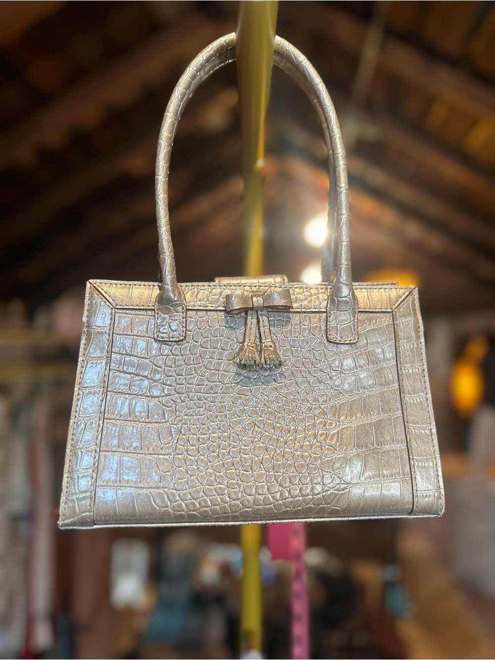 Liz Claiborne Metallic Silver Croc-Embossed Satchel with Tassel